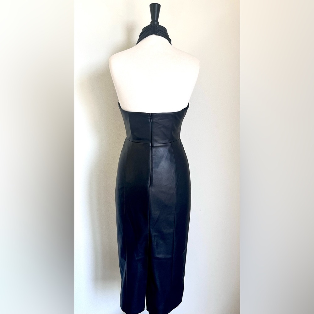 MILLY Women’s Raven Black Vegan Faux Leather Halter Neck Sz 6 Midi Dress BNWT - Picture 10 of 15